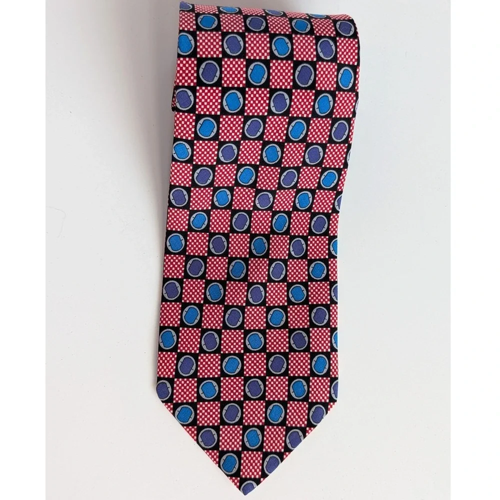 Oleg Cassini Mens Silk Tie Red Blue Geometric Checkered Handmade in Italy 57 x 4 - Picture 2 of 6